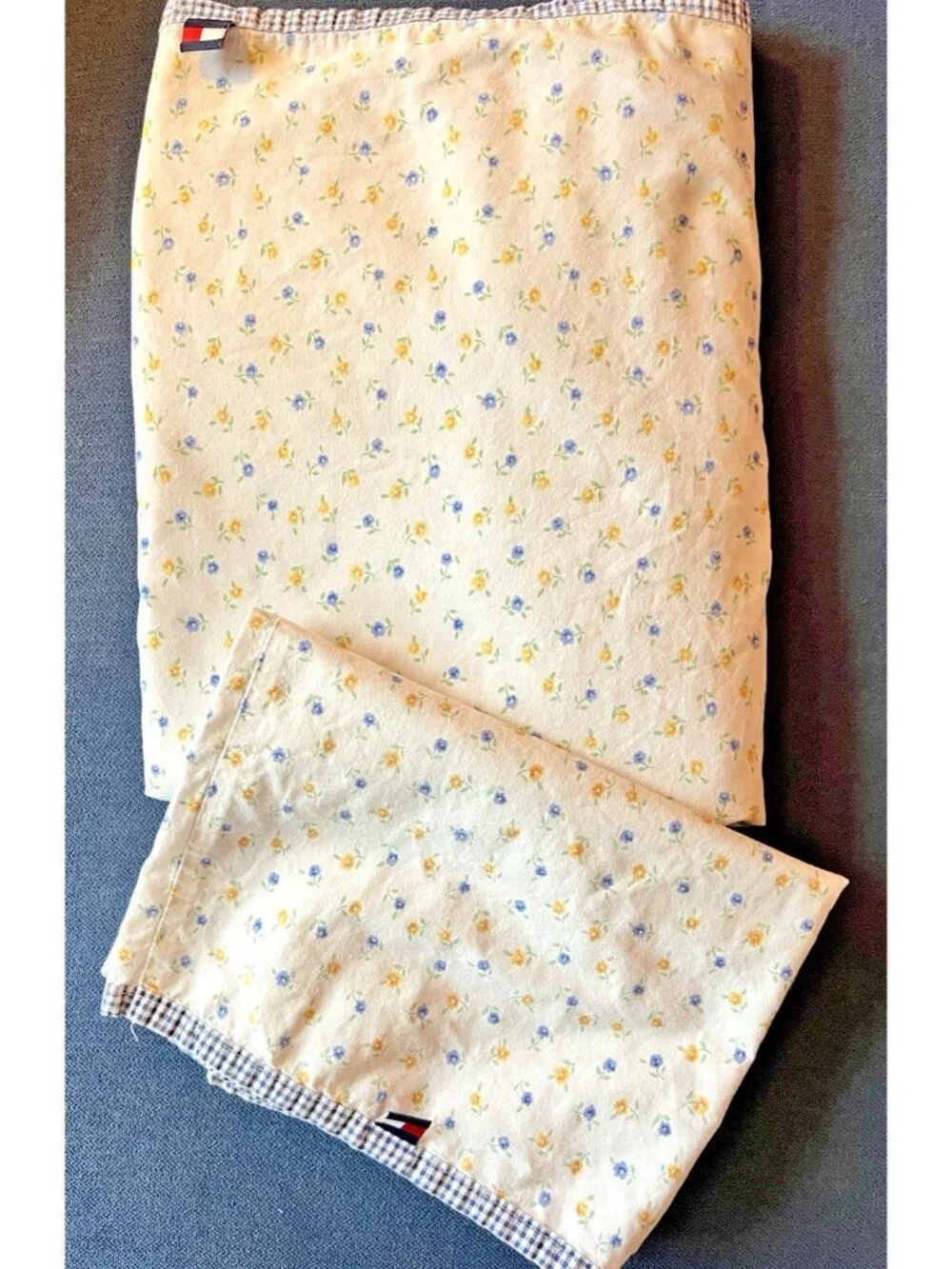 Tommy Hilfiger TWIN Sheet Set Pillowcase FLORAL Blue Yellow Gingham 100% Cotton